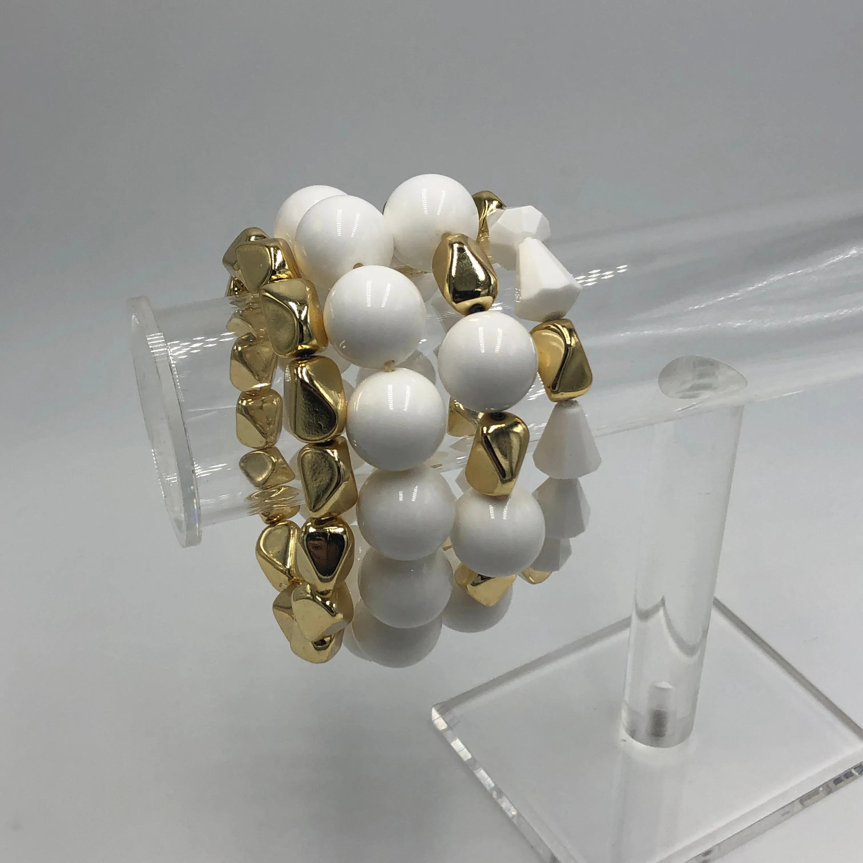 White & Gold Chunky Stack & Stretch Bracelets Set