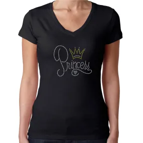 Womens T-Shirt Rhinestone Bling Black Fitted Tee Princess Crown Heart