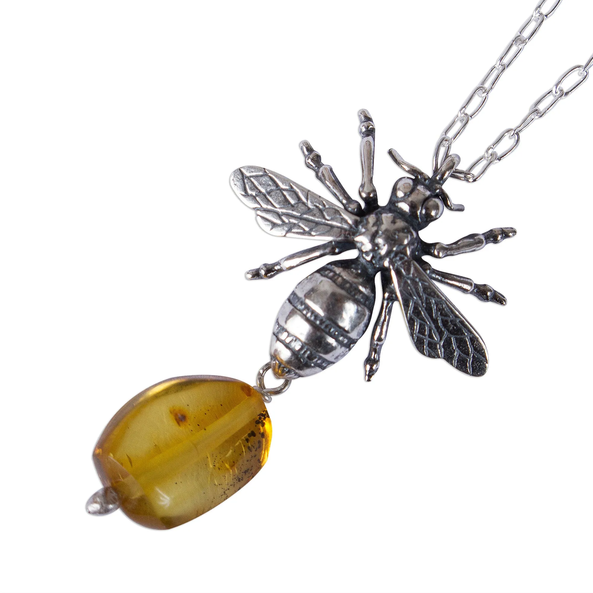 Worker Bee Bee-Themed Amber Pendant Necklace from Mexico