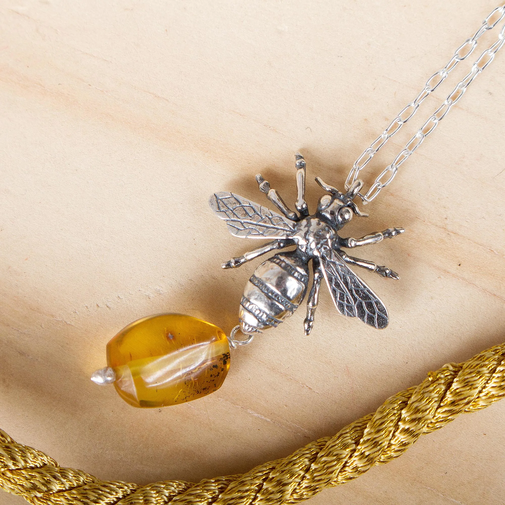 Worker Bee Bee-Themed Amber Pendant Necklace from Mexico